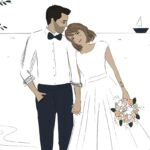 dessin d’un couple marié sur la plage
