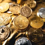 Crypto coins on gold background