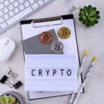 Bitcoin coins on office desk. Cryptocurrency concept