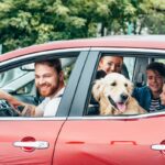 beautiful young family travelling by car with dog