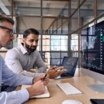 Crypto traders brokers stock exchange investors analyzing trading charts.