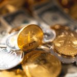 Crypto coins on gold background